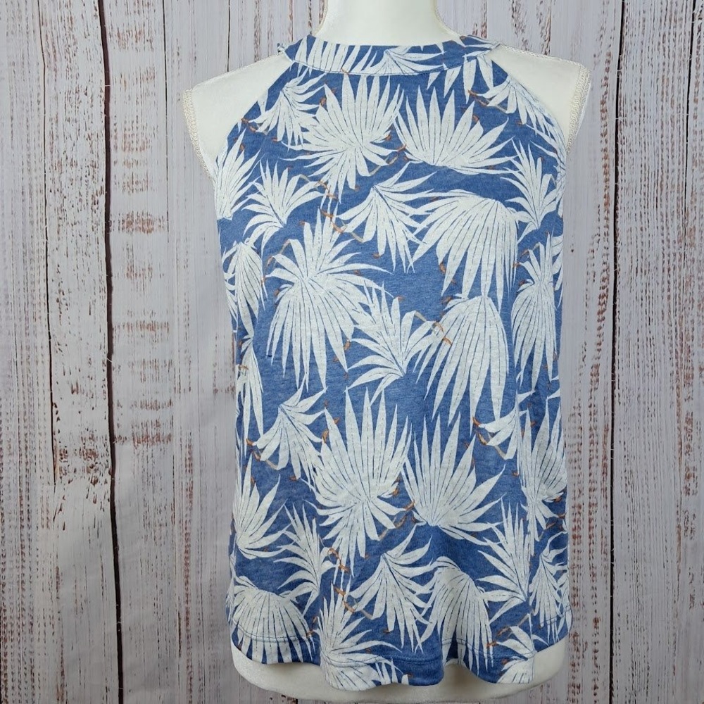 Rachel Zoe S 100% Linen Blue White Halter Tank Top Tropical Leaf Granolagirl